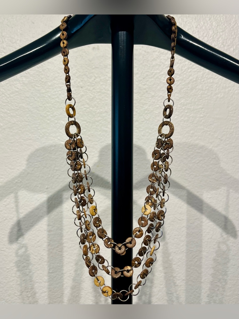 Multi-Strand Brown and Cream Wooden Disc Necklace